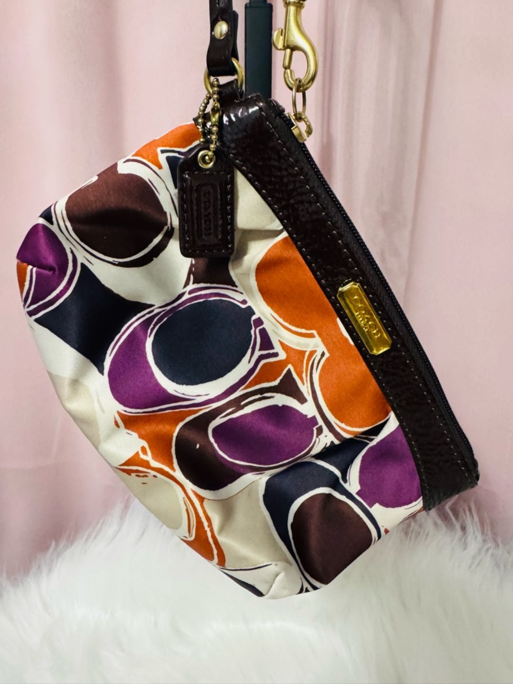 Coach Colorblock Circle Print Wristlet - Purple/Orange/Black/Cream